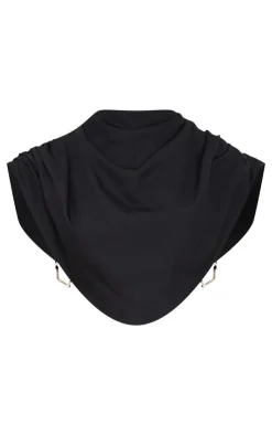 Black Woven Diamante Draped Front High Neck Top