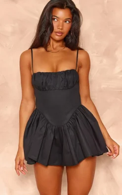 Black Woven Dipped Waist Strappy Romper