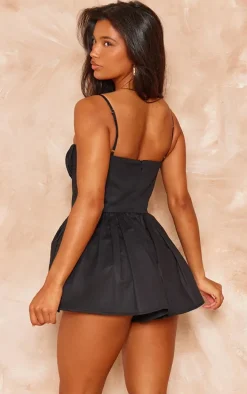 Black Woven Dipped Waist Strappy Romper