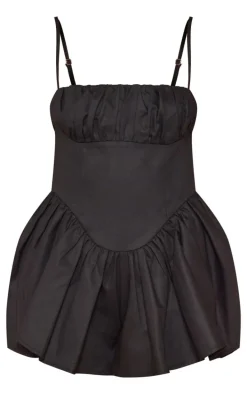 Black Woven Dipped Waist Strappy Romper