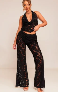 Black Woven Distressed Low Rise Wide Leg Pants
