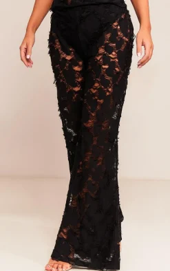 Black Woven Distressed Low Rise Wide Leg Pants