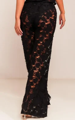 Black Woven Distressed Low Rise Wide Leg Pants
