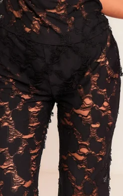 Black Woven Distressed Low Rise Wide Leg Pants