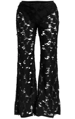 Black Woven Distressed Low Rise Wide Leg Pants