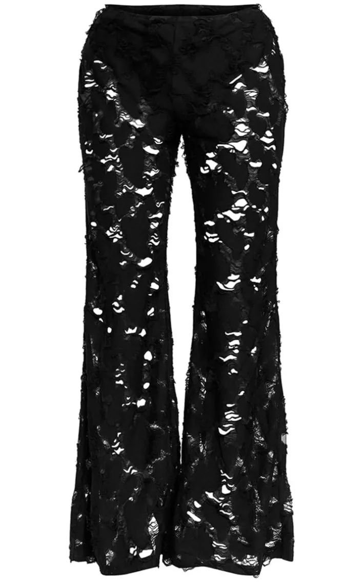 Black Woven Distressed Low Rise Wide Leg Pants