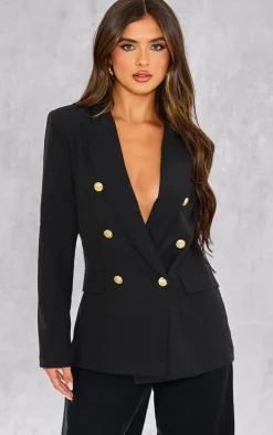 Black Woven Double Breasted Military Style Blazer