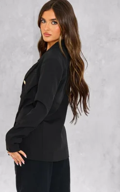 Black Woven Double Breasted Military Style Blazer