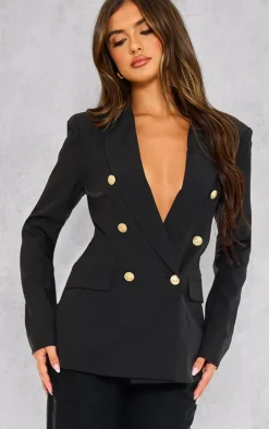 Black Woven Double Breasted Military Style Blazer