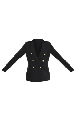 Black Woven Double Breasted Military Style Blazer