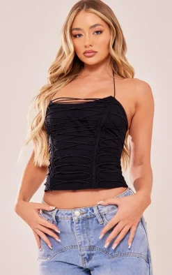 Black Woven Elastic Lace Up Corset