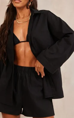 Black Woven Elastic Waist Floaty Shorts