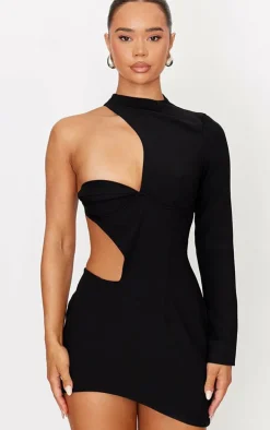 Black Woven Extreme Cut Out One Shoulder Mini Dress