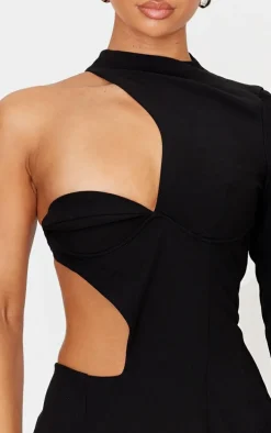 Black Woven Extreme Cut Out One Shoulder Mini Dress
