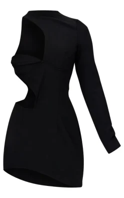 Black Woven Extreme Cut Out One Shoulder Mini Dress