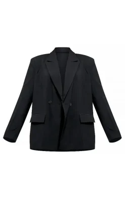 Black Woven Extreme Oversized Shoulder Pad Pocket Blazer