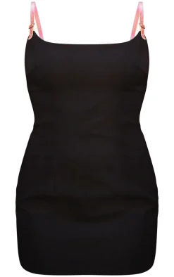 Black Woven Faux Leather Strap Mini Dress