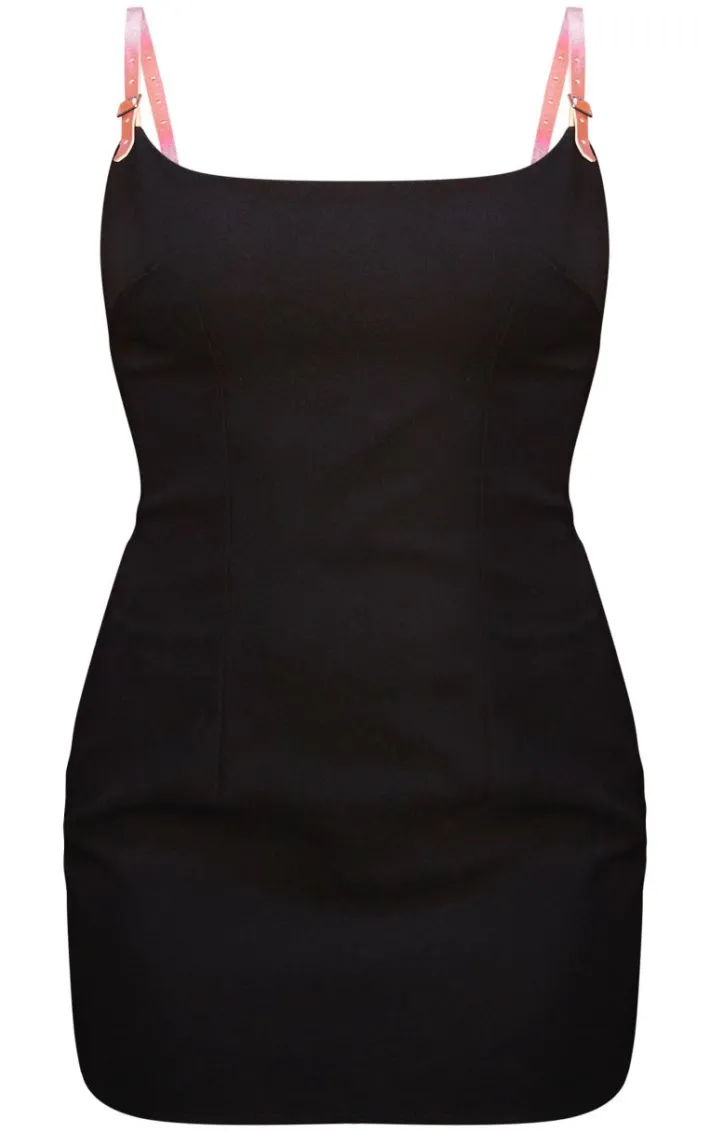 Black Woven Faux Leather Strap Mini Dress