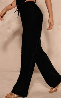 Black Woven Floral Mid Rise Wide Leg Pants