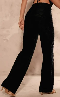 Black Woven Floral Mid Rise Wide Leg Pants