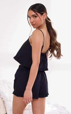 Black Woven Frill Edge Cami And Button Short Pj Set