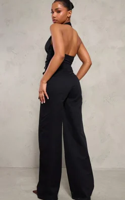Black Woven Halter Zip Detail Lace Up Jumpsuit