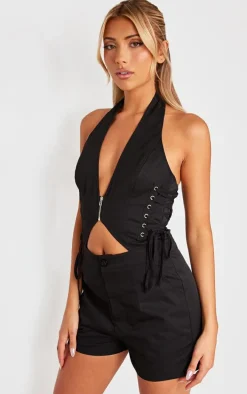 Black Woven Halter Zip Detail Lace Up Romper