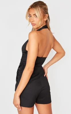 Black Woven Halter Zip Detail Lace Up Romper
