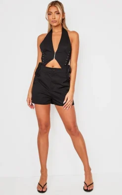 Black Woven Halter Zip Detail Lace Up Romper