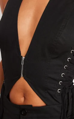 Black Woven Halter Zip Detail Lace Up Romper