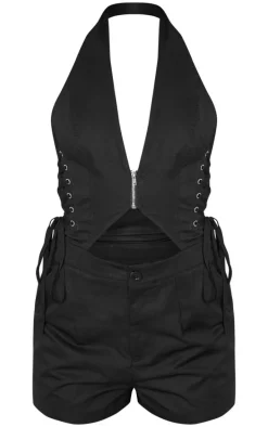 Black Woven Halter Zip Detail Lace Up Romper