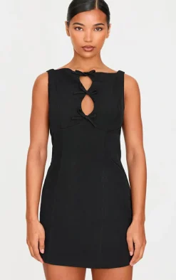 Black Woven High Neck Bow Mini Dress