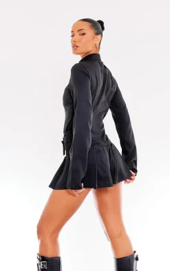 Black Woven High Neck Zip Oversized Belt Pleated Romper