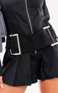 Black Woven High Neck Zip Oversized Belt Pleated Romper