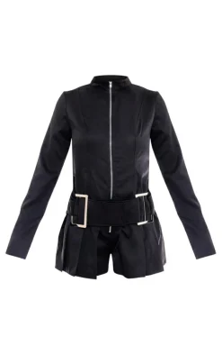 Black Woven High Neck Zip Oversized Belt Pleated Romper