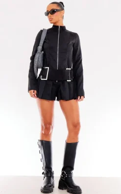 Black Woven High Neck Zip Oversized Belt Pleated Romper