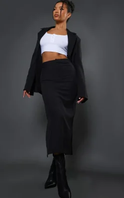 Black Woven High Waist Tailored Midi Skirt