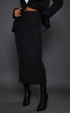 Black Woven High Waist Tailored Midi Skirt