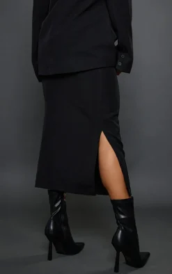 Black Woven High Waist Tailored Midi Skirt