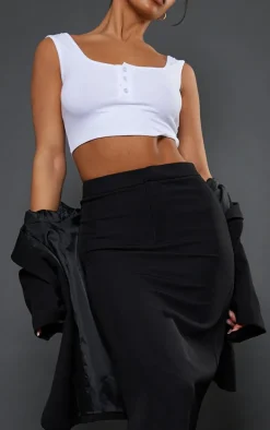 Black Woven High Waist Tailored Midi Skirt