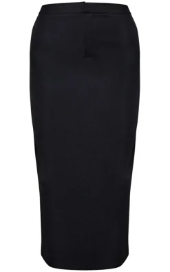 Black Woven High Waist Tailored Midi Skirt