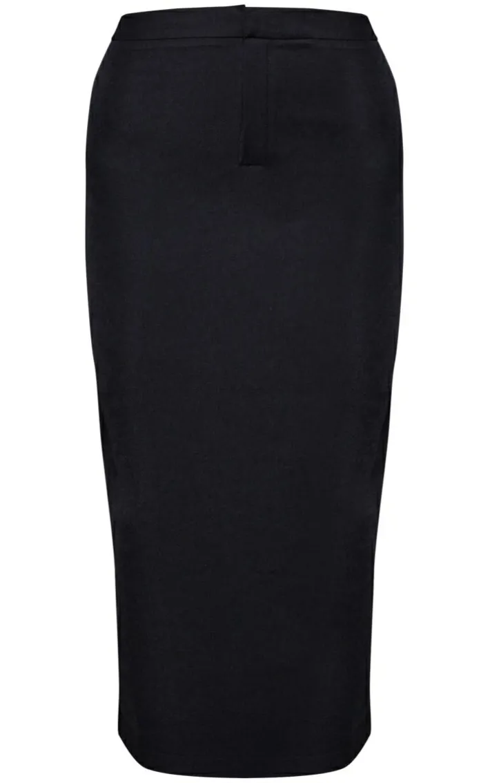 Black Woven High Waist Tailored Midi Skirt