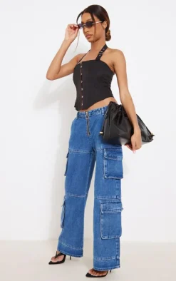 Black Woven Hook & Eye Buckle Halterneck Boned Corset