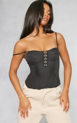 Black Woven Hook And Eye Structured Corset Long Top