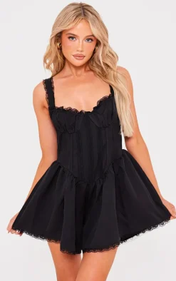 Black Woven Lace Detail Strappy Romper
