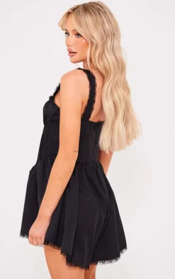 Black Woven Lace Detail Strappy Romper