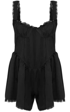 Black Woven Lace Detail Strappy Romper