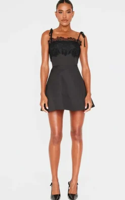 Black Woven Lace Detail Tie Strap A Line Shift Dress