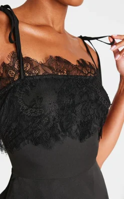 Black Woven Lace Detail Tie Strap A Line Shift Dress