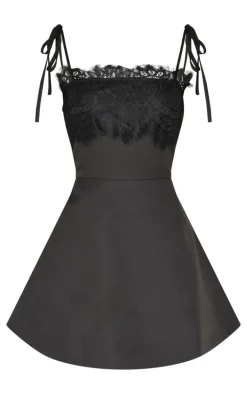 Black Woven Lace Detail Tie Strap A Line Shift Dress